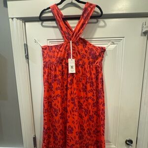 Orange and Purple Floral Halter Mid Length Dress - XXL
